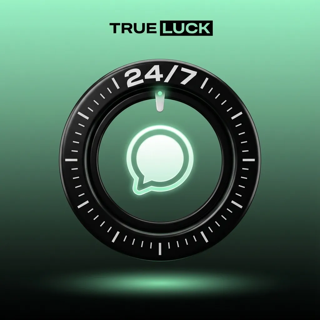 Illustration of a user chatting with TrueLuck support on a laptop, showing a live help conversation window