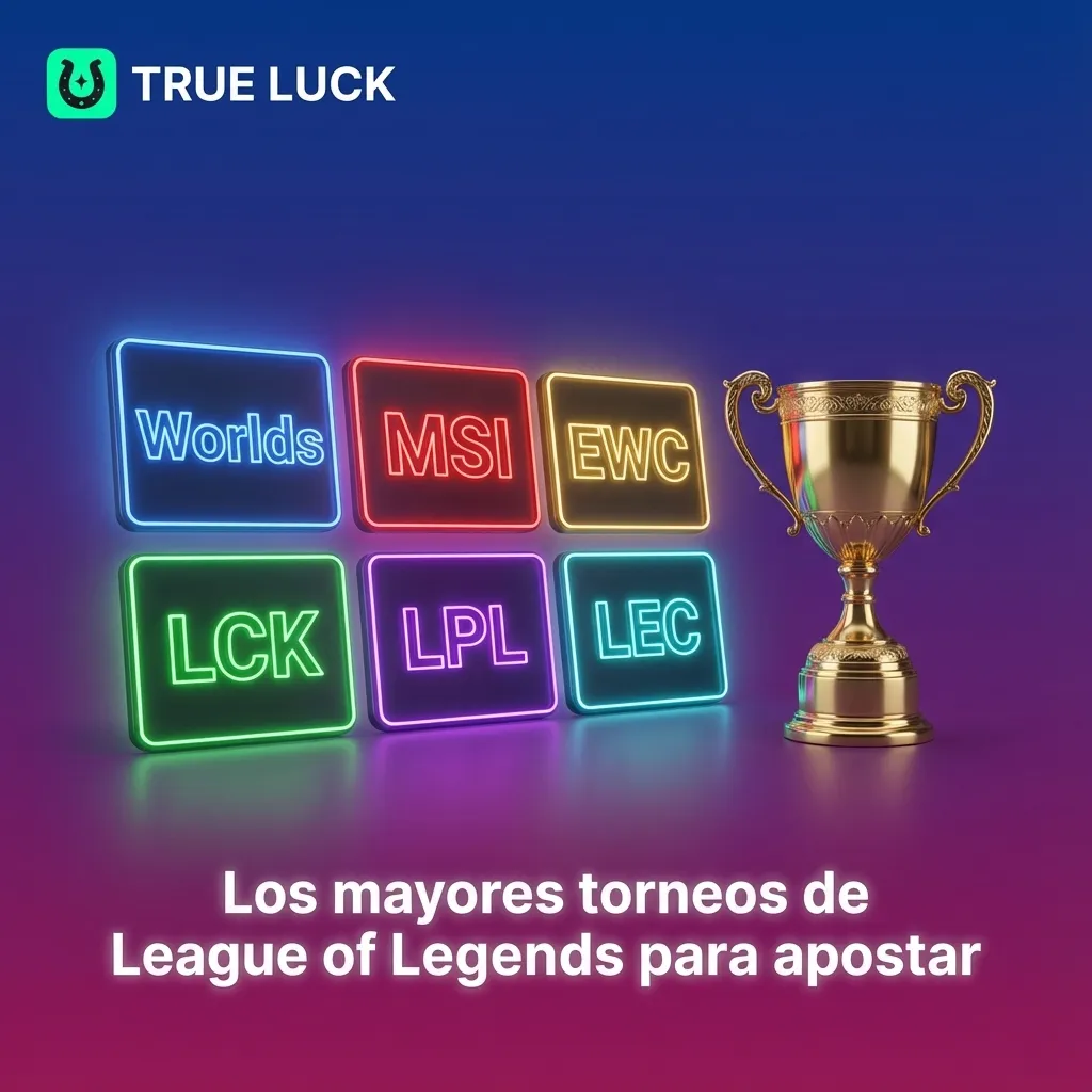 Banner sobre torneos de League of Legends para apostar: Worlds, MSI, EWC, LCK, LPL y LEC con logos y gráficos de cuotas