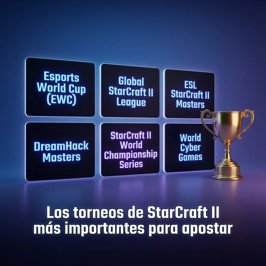 Montaje de jugadores profesionales de StarCraft II en torneos globales, con logos de EWC, GSL y ESL sobre un fondo futurista