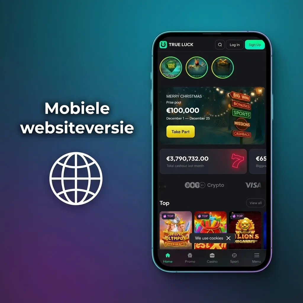 Smartphone toont de mobiele TrueLuck-site met sportweddenschappen, casinospellen en menu-iconen in een responsive lay-out.