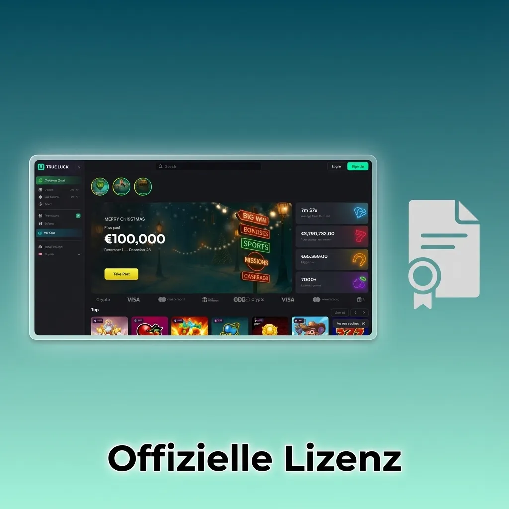 Grafik zur offiziellen TrueLuck Glücksspiel-Lizenz mit Hinweis auf Regulierung, Spielerschutz und transparente Auszahlungsregeln