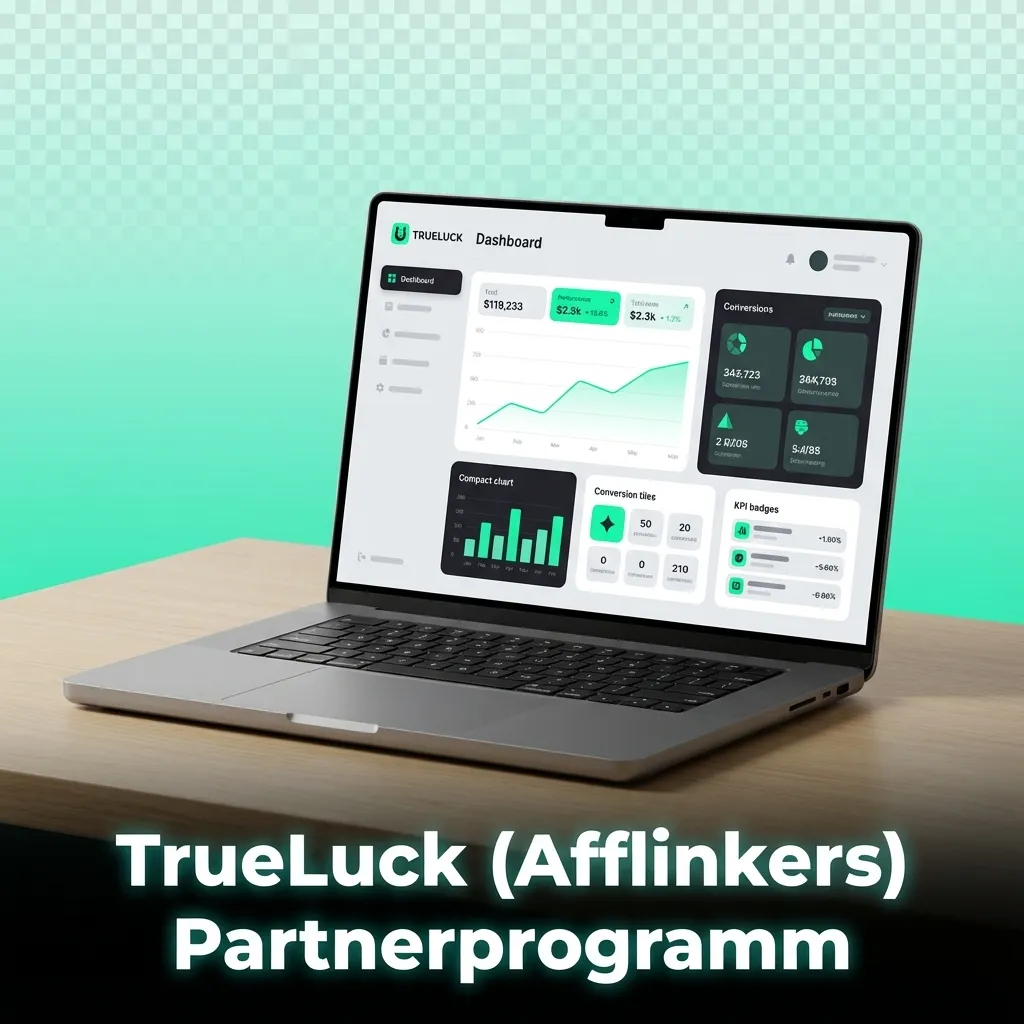 Banner „TrueLuck (Afflinkers) Partnerprogramm“ mit Icons für Provision, Reporting, Marketing und persönlichen Support