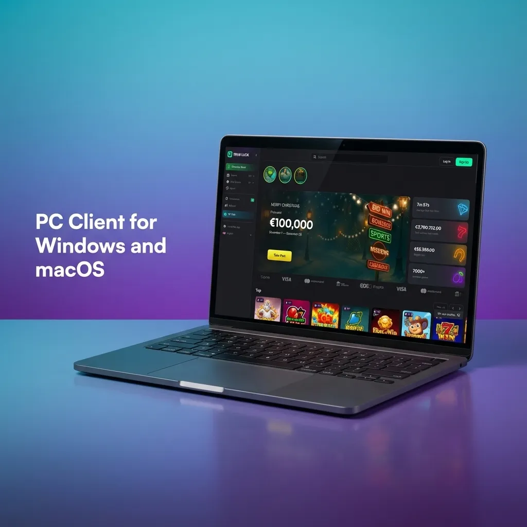 Illustration showing TrueLuck used in desktop browsers on Windows and macOS, highlighting no separate app download needed