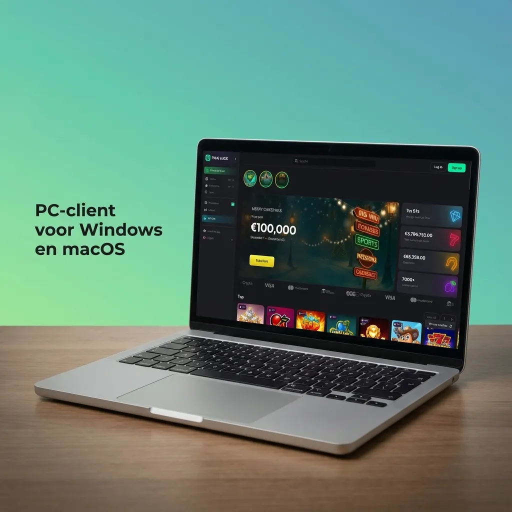 Laptop met browservenster met casinowebsite, pictogrammen van Chrome, Edge, Firefox en Safari, geen extra PC-client nodig