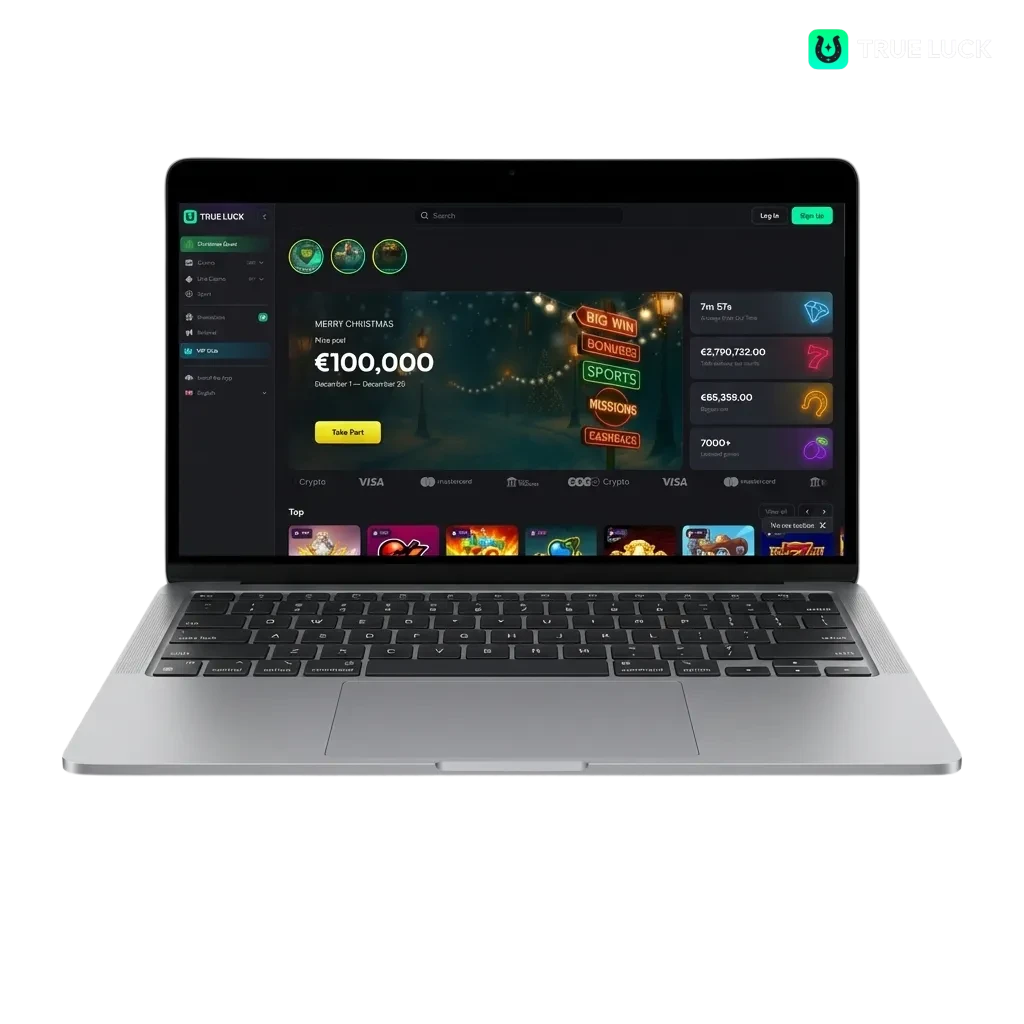 Οθόνη υπολογιστή με λογότυπο TrueLuck (Afflinkers) και εικονίδια αθλητικού στοιχήματος, καζίνο και slots για Windows και MacOS