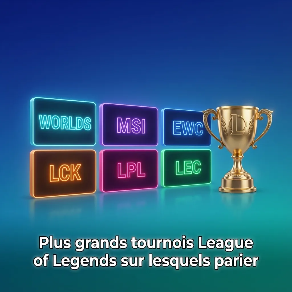 Bannière League of Legends e-sport montrant des joueurs pro sur scène et logos Worlds, MSI, EWC, LCK, LPL, LEC.