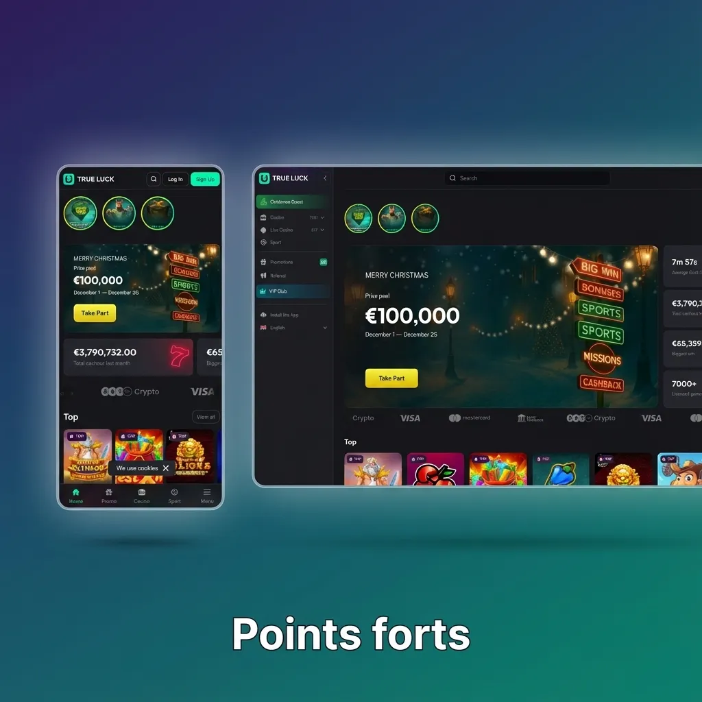 Interface de site de paris français montrant cotes sportives, slots populaires, eSports et assistance client francophone