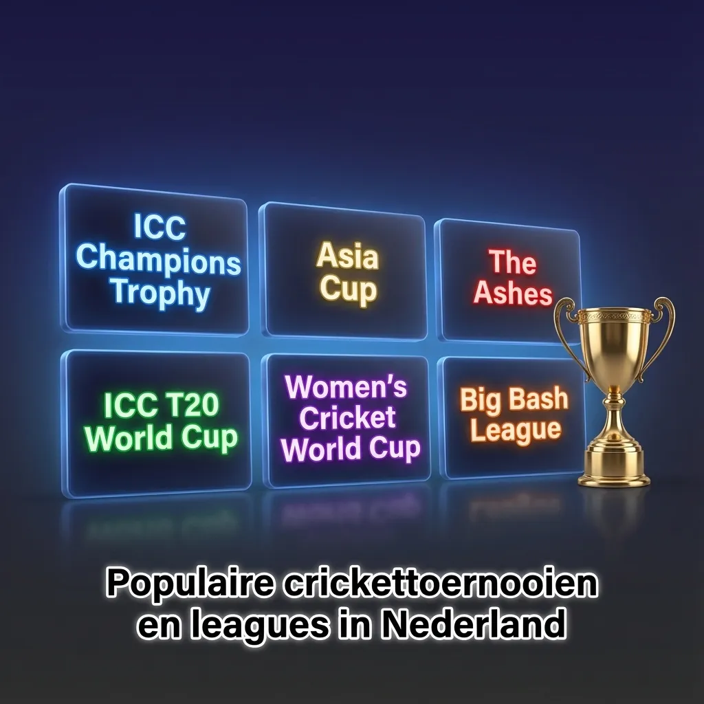 Infographic over populaire internationale en Nederlandse crickettoernooien en leagues met focus op wedmogelijkheden