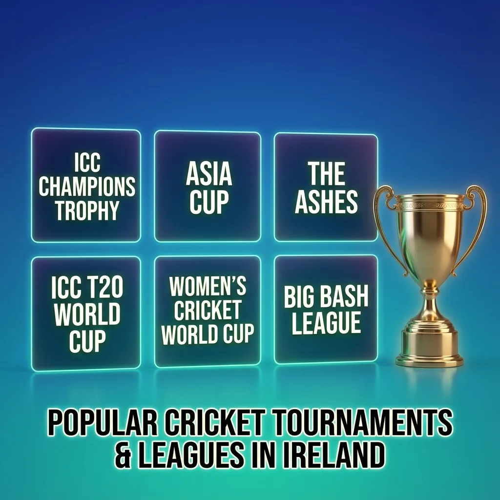 Illustrated banner for Irish betting site showing global and local cricket tournaments, formats, and live betting markets