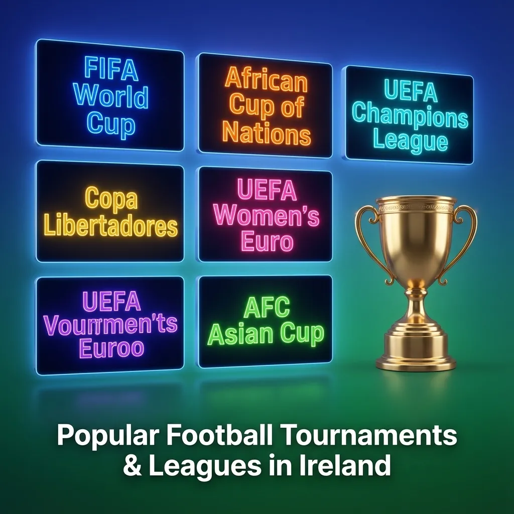 Graphic showing Irish and global football tournaments and leagues available for betting on the TrueLuck (Afflinkers) platform