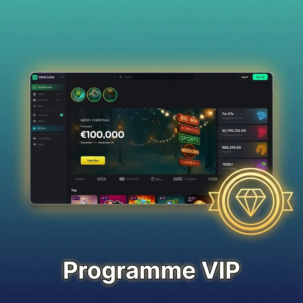 Bannière du programme VIP TrueLuck France, illustrant des niveaux de statut, points, bonus, cashbacks et services premium