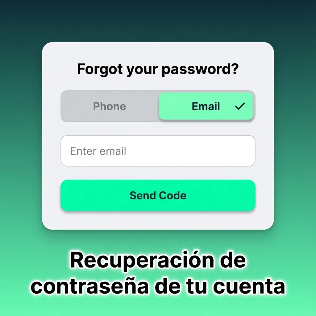 Ilustración de pantalla de recuperación de contraseña con iconos de email y SMS junto a un formulario de inicio de sesión.
