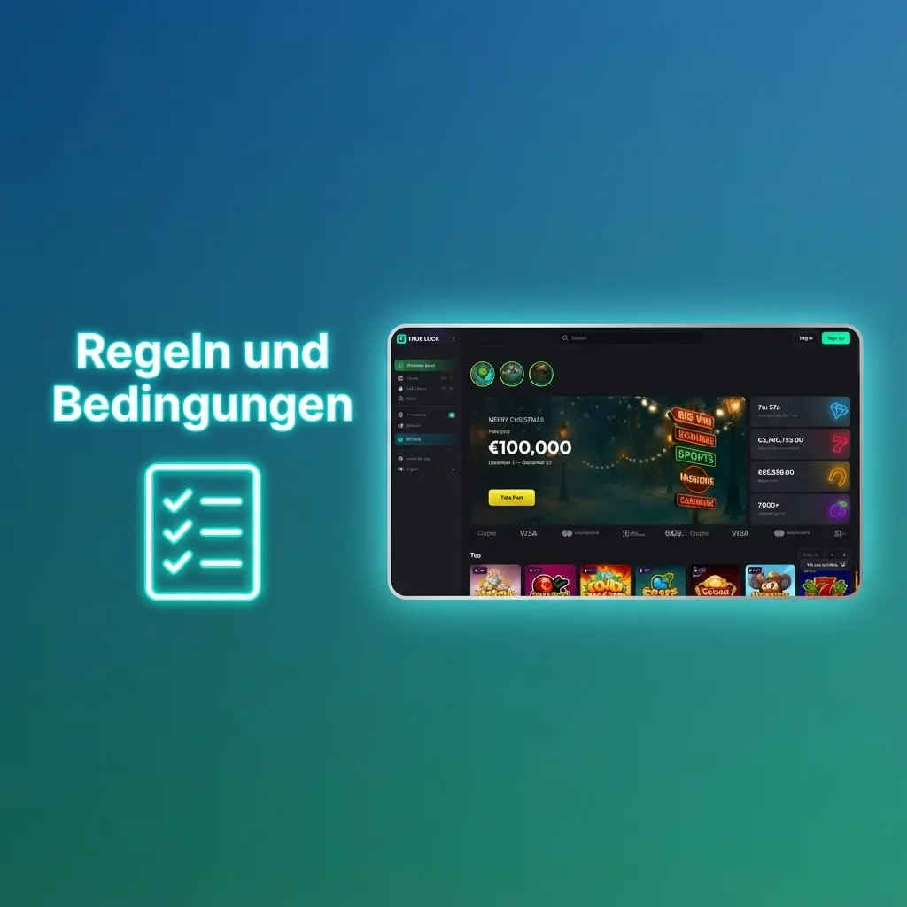 Infografik „Regeln und Bedingungen“ zu TrueLuck: Teilnahme ab 18, ein Konto pro Person, Bonus- und Identitätsregeln