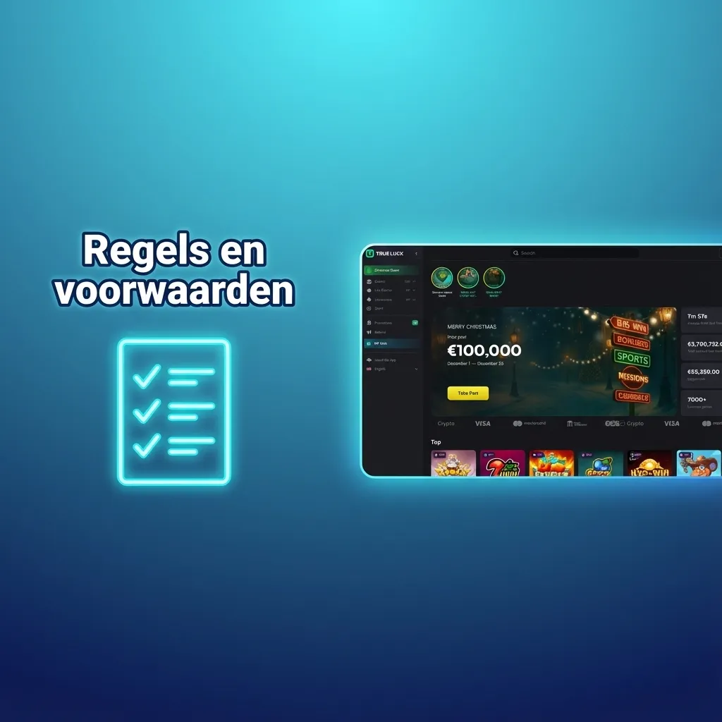 Nederlandse webpagina met TrueLuck-regels en voorwaarden, leeftijdsgrens 18+, één account, bonus- en fraudevoorwaarden