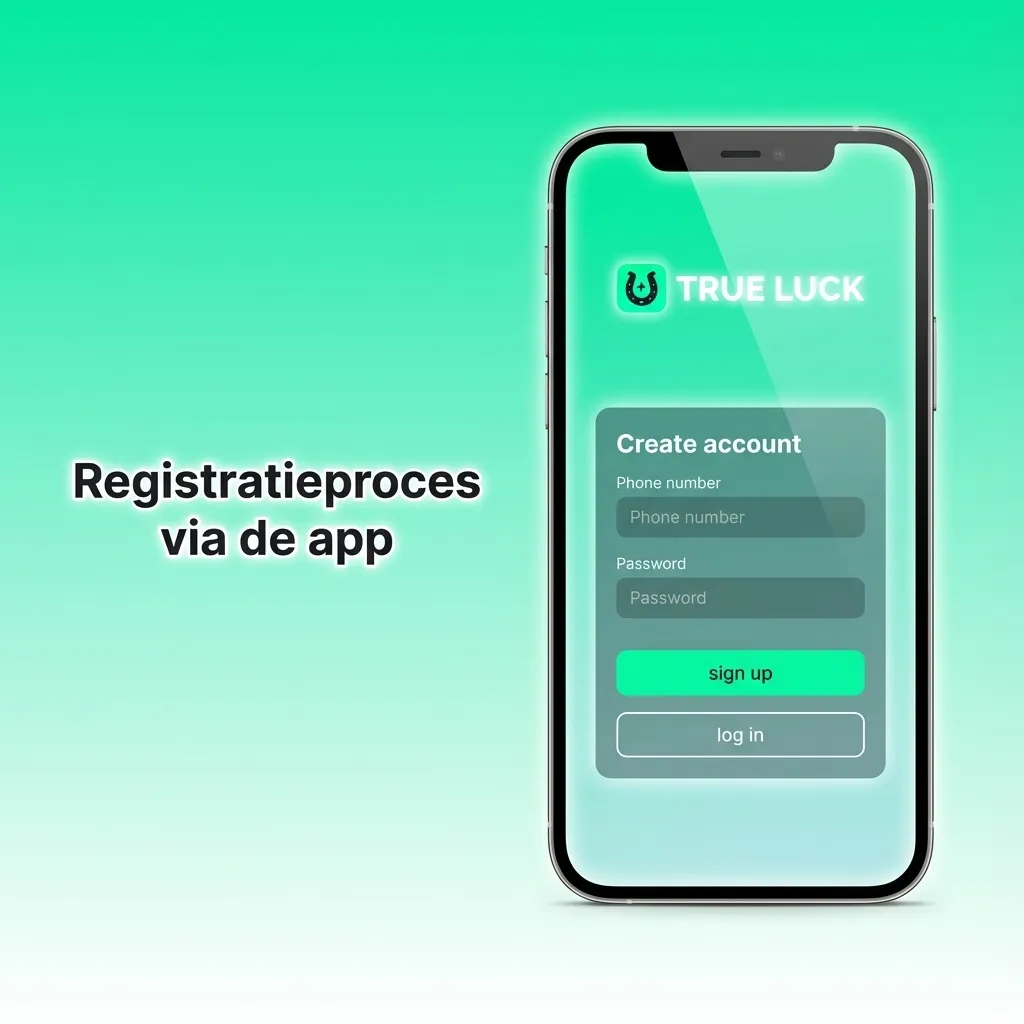 Smartphone met TrueLuck-app, registratiescherm en stapsgewijze instructies voor accountaanmaak en KYC-verificatie