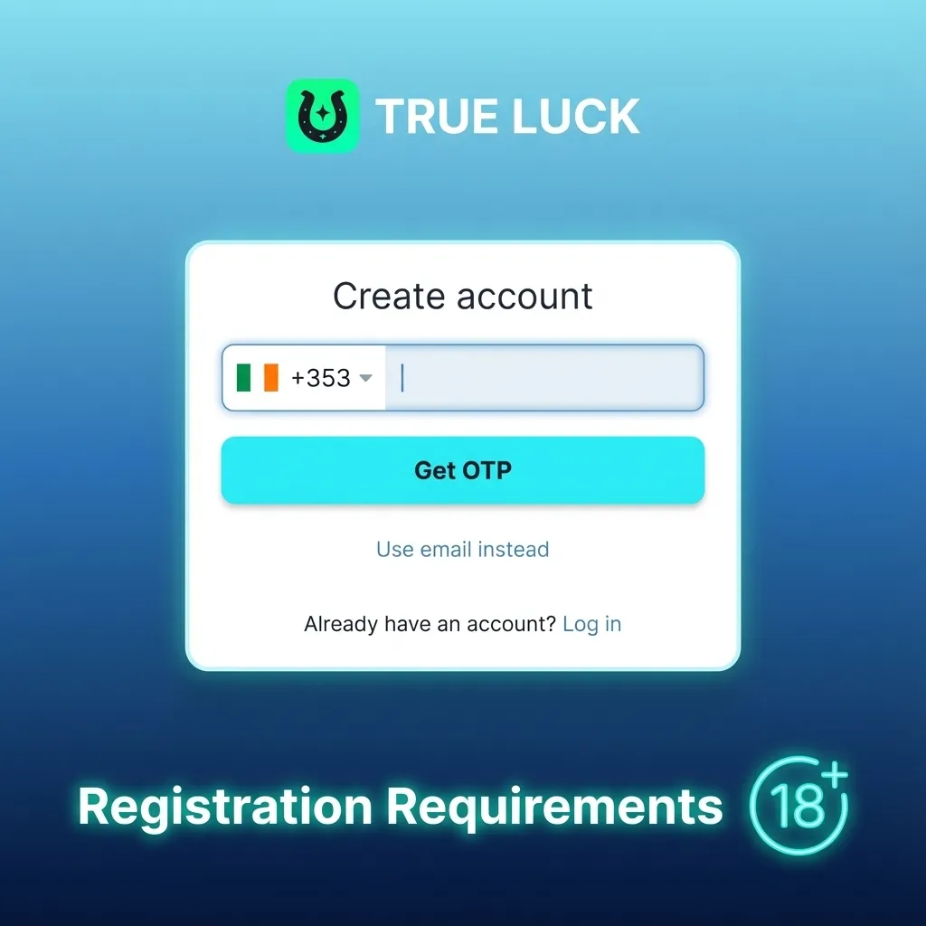 Illustrated checklist of Ireland online gambling registration rules: age 18+, real details, ID upload, one account, no VPN use