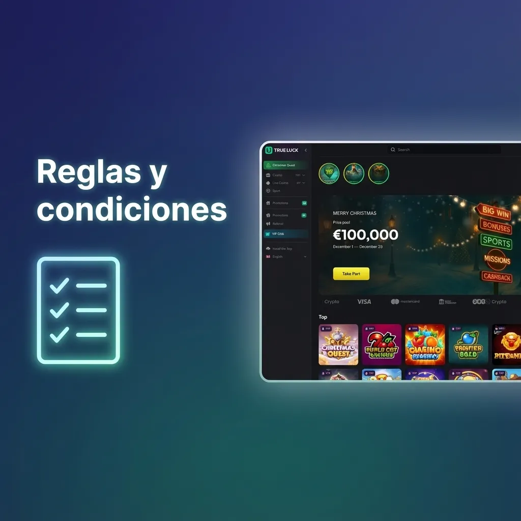 Pantalla con título “Reglas y condiciones” y lista de normas para apostar y jugar en casino online desde España