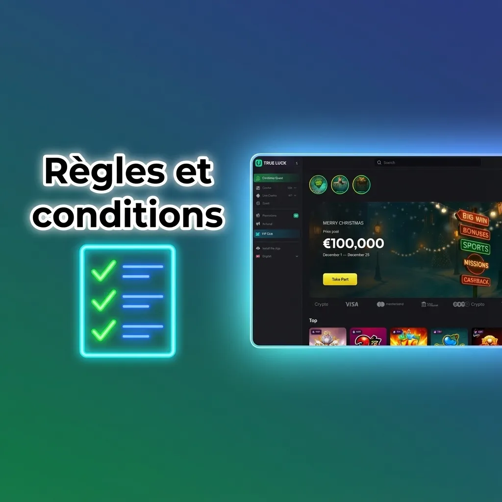 Page “Règles et conditions” TrueLuck expliquant obligations légales, bonus, compte unique et vérification d’identité