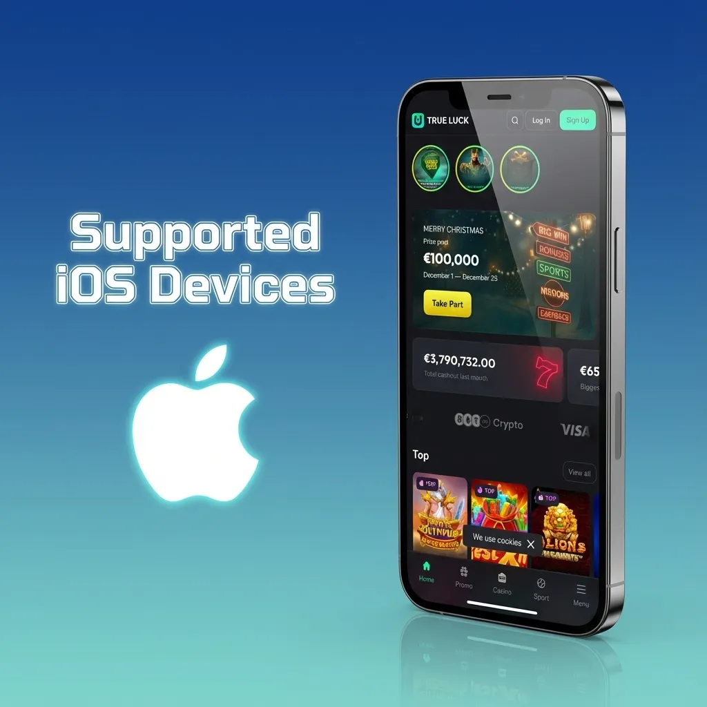 Graphic listing TrueLuck supported iOS devices, including recent iPhone, iPad, iPad mini, iPad Air, and iPod touch models