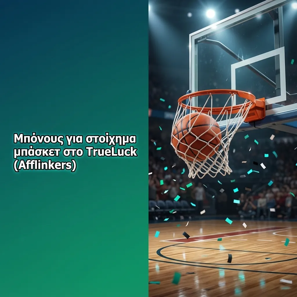 Προσφορά μπόνους TrueLuck για στοίχημα μπάσκετ, με μπάλα και δελτίο στοιχήματος σε μοντέρνο φόντο καζίνο