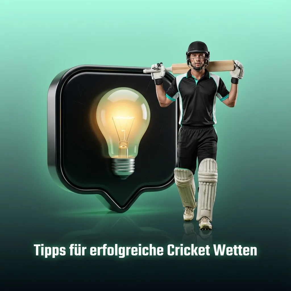 Illustration of a bettor analyzing cricket stats, weather and odds on screens with “Tipps für erfolgreiche Cricket Wetten” text