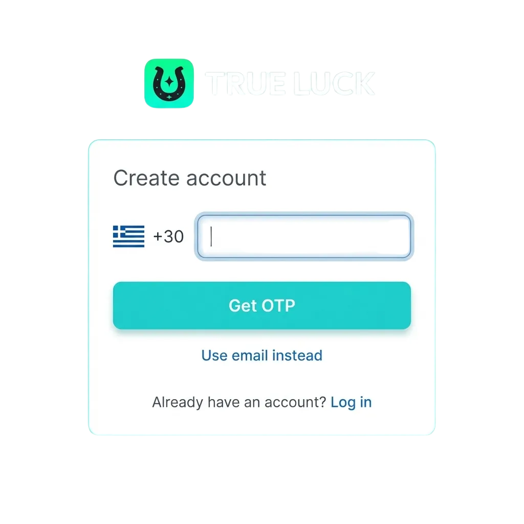 Οθόνες εγγραφής, σύνδεσης και ταυτοποίησης στο TrueLuck, με προσφορές καζίνο, live παιχνίδια και αθλητικό στοίχημα