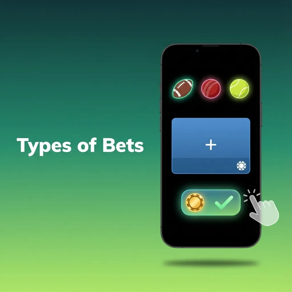 Infographic explaining three sports bet types: single, express accumulator, and system bet, with brief risk and payout descriptions