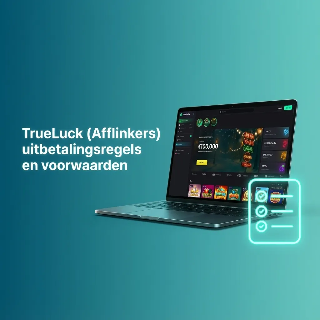 Infographic in Dutch outlining TrueLuck (Afflinkers) uitbetalingsregels, KYC, limieten en bonusvoorwaarden