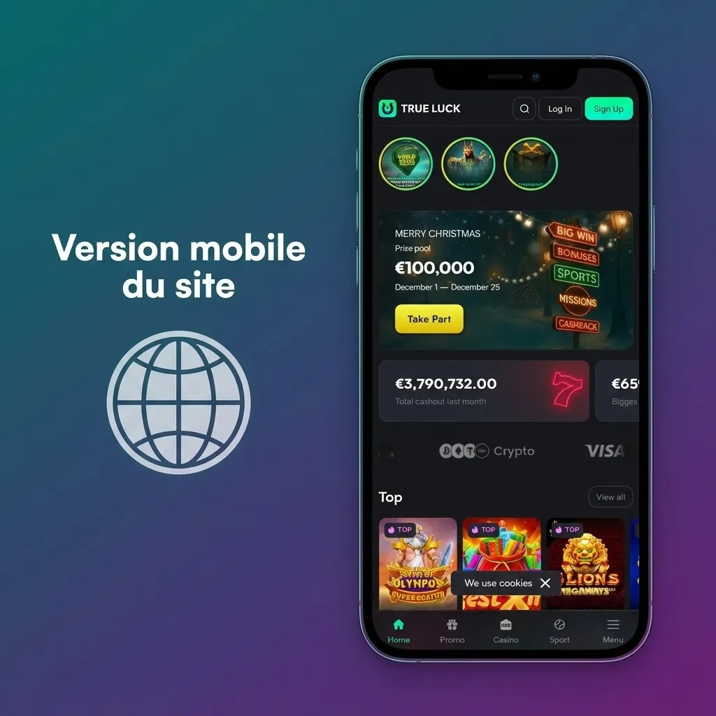 Mockup du site mobile TrueLuck sur smartphone, interface de paris sportifs, eSports et casino optimisée pour écran tactile