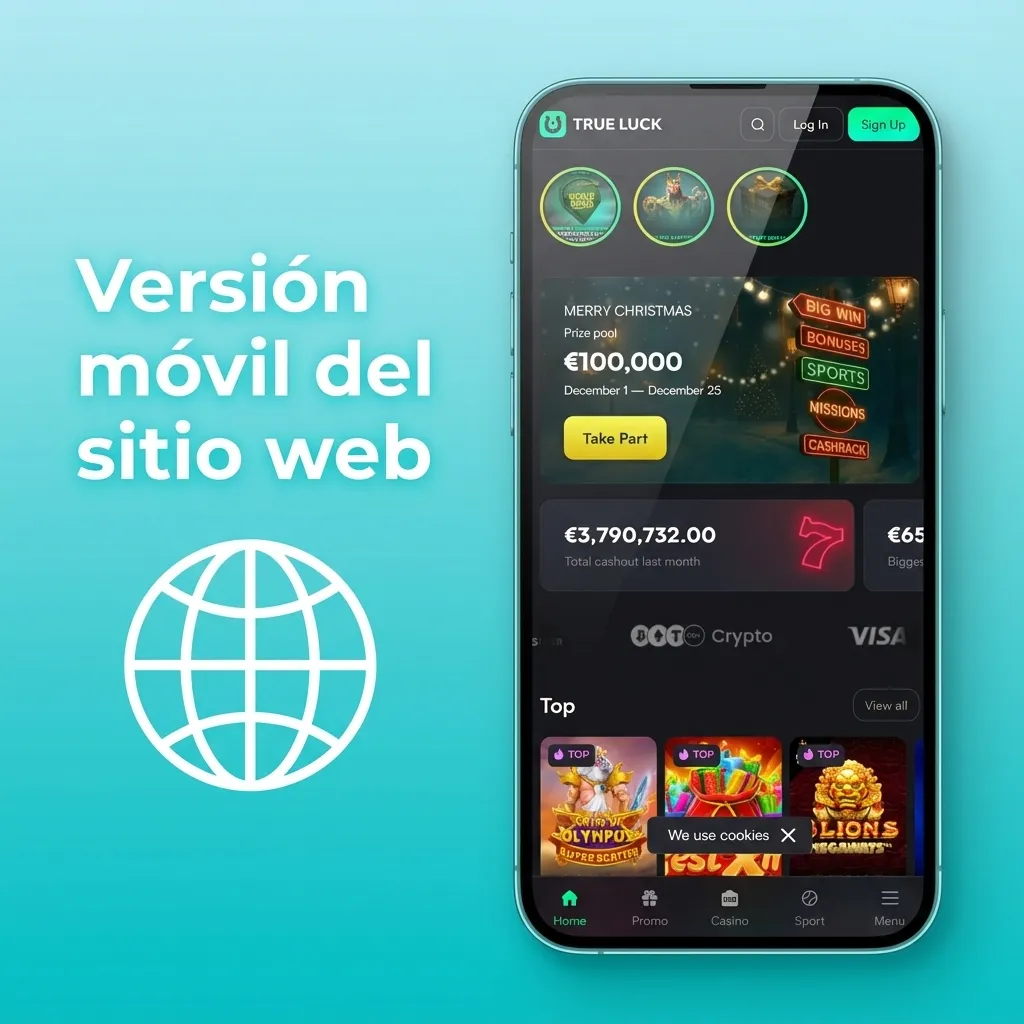 Teléfono móvil mostrando la versión web de TrueLuck con interfaz táctil completa para apuestas, casino y gestión de cuenta.