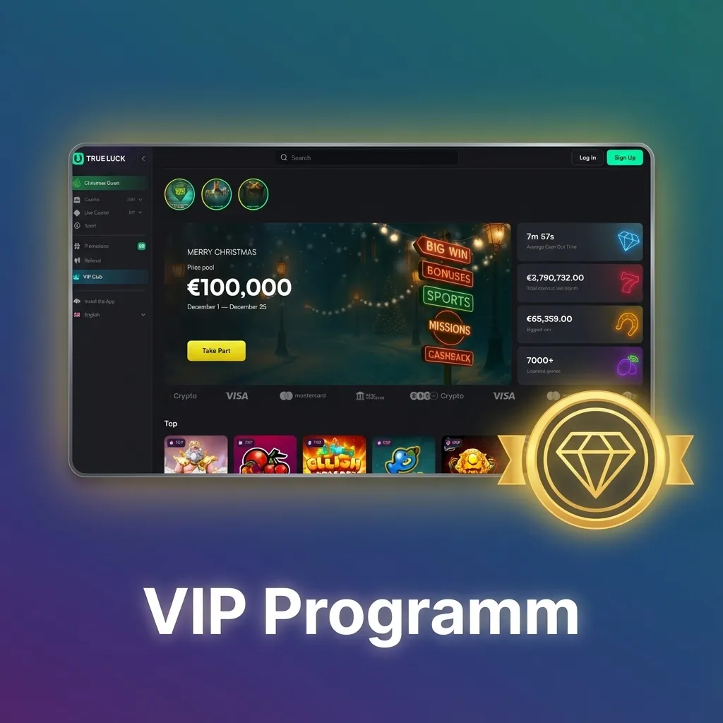 Grafik zum TrueLuck VIP Programm mit mehreren Statusstufen und exklusiven Vorteilen für deutsche Spieler