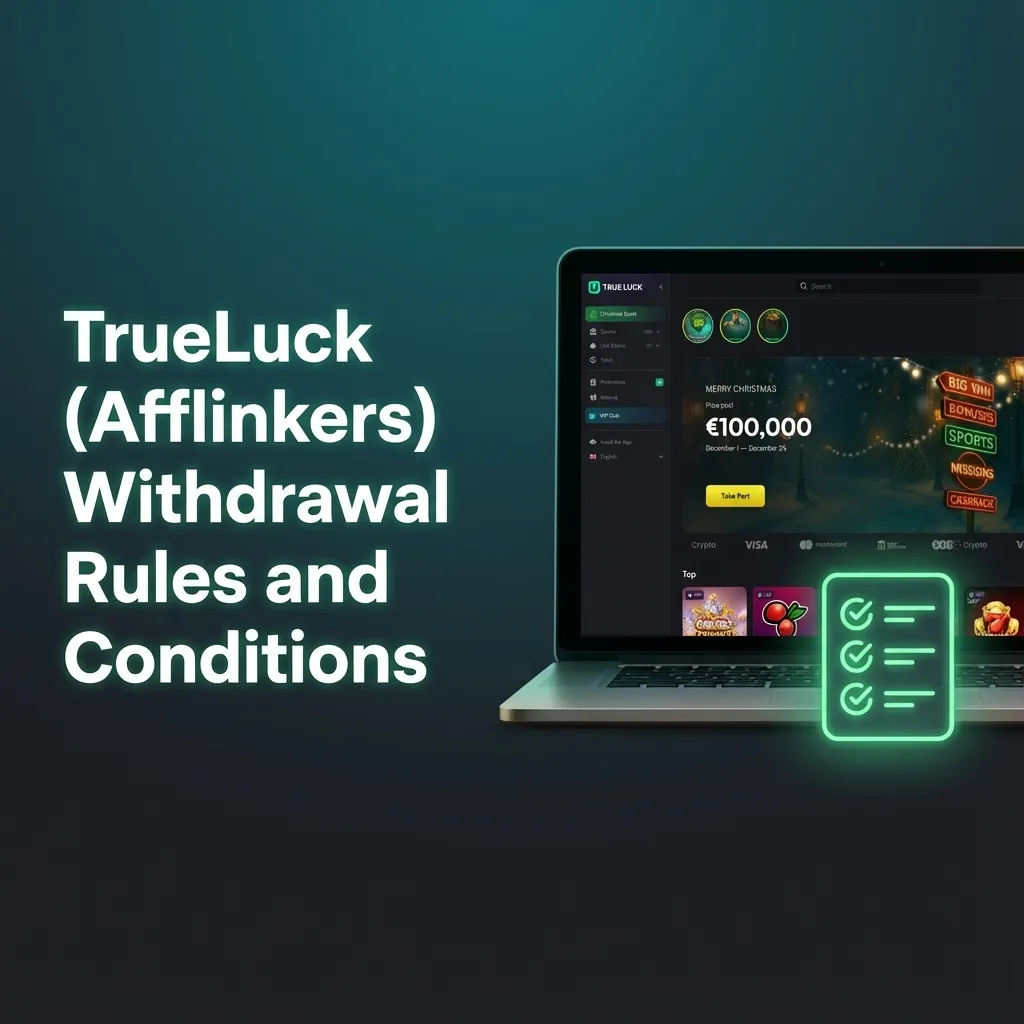 Infographic titled “TrueLuck (Afflinkers) Withdrawal Rules” listing KYC, minimum limits, same method, bonus wagering and checks