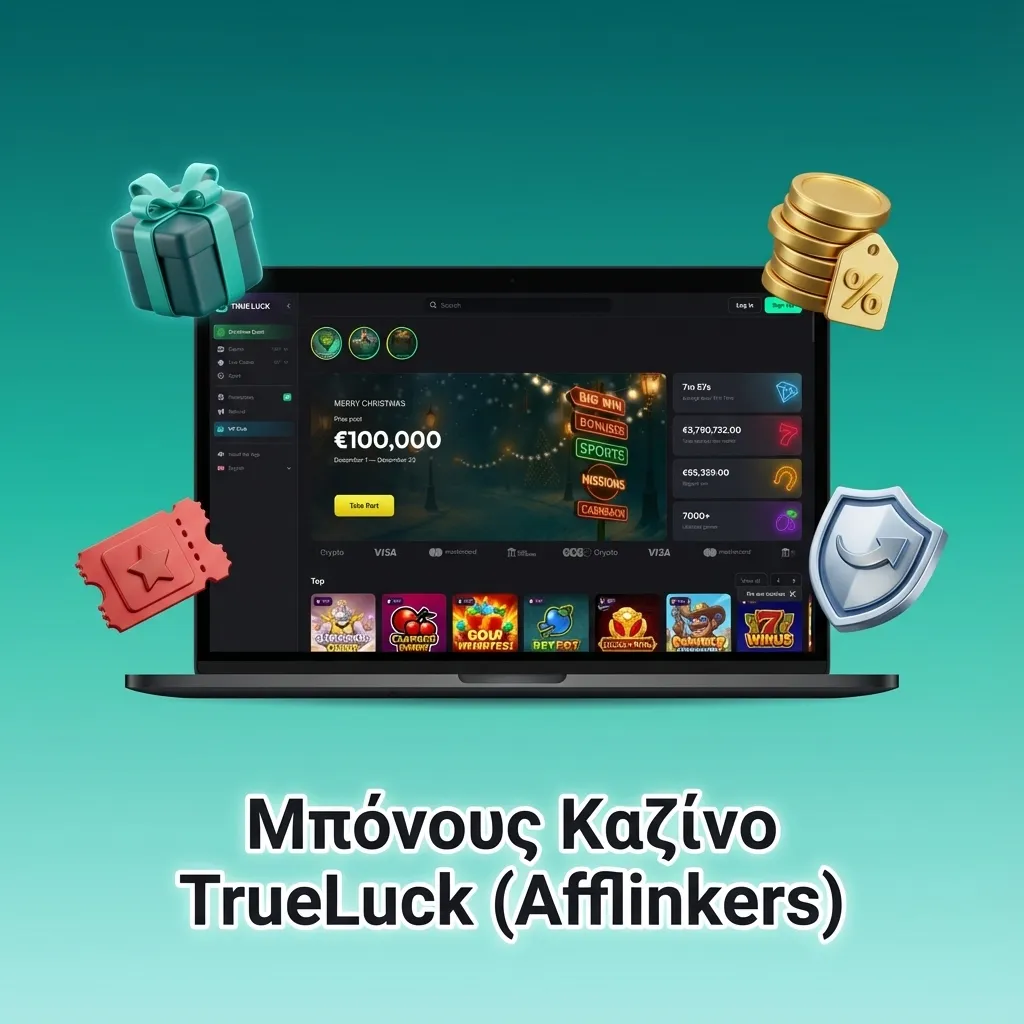 Προωθητικό banner TrueLuck Casino με κουλοχέρηδες, μάρκες και κείμενο για μπόνους καλωσορίσματος, επαναφόρτισης και cashback