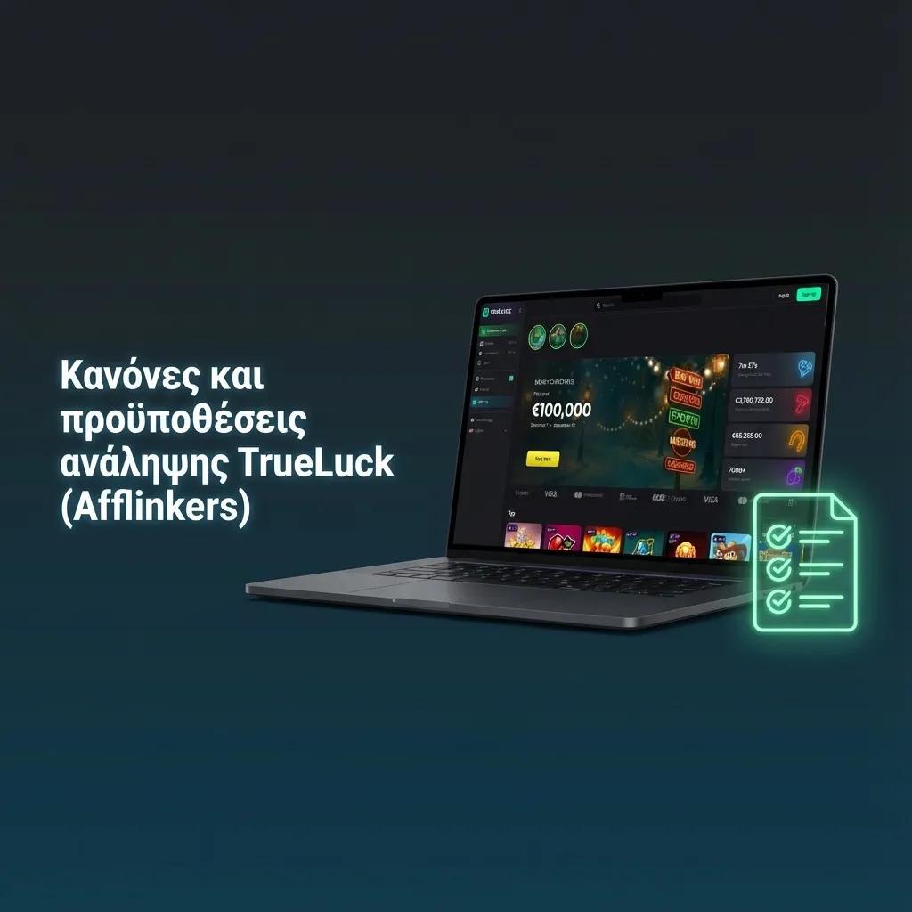 Γραφικό οδηγός με τίτλο “Κανόνες και προϋποθέσεις ανάληψης TrueLuck” και εικονίδια για KYC, όρια και ασφάλεια.