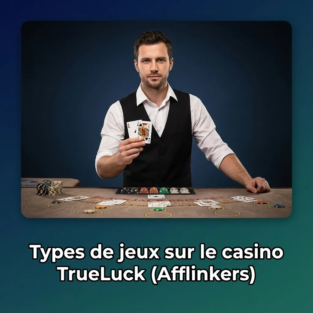 Montage des types de jeux TrueLuck : slots, crash, table, vidéo poker, jackpots progressifs et cartes à gratter en ligne.