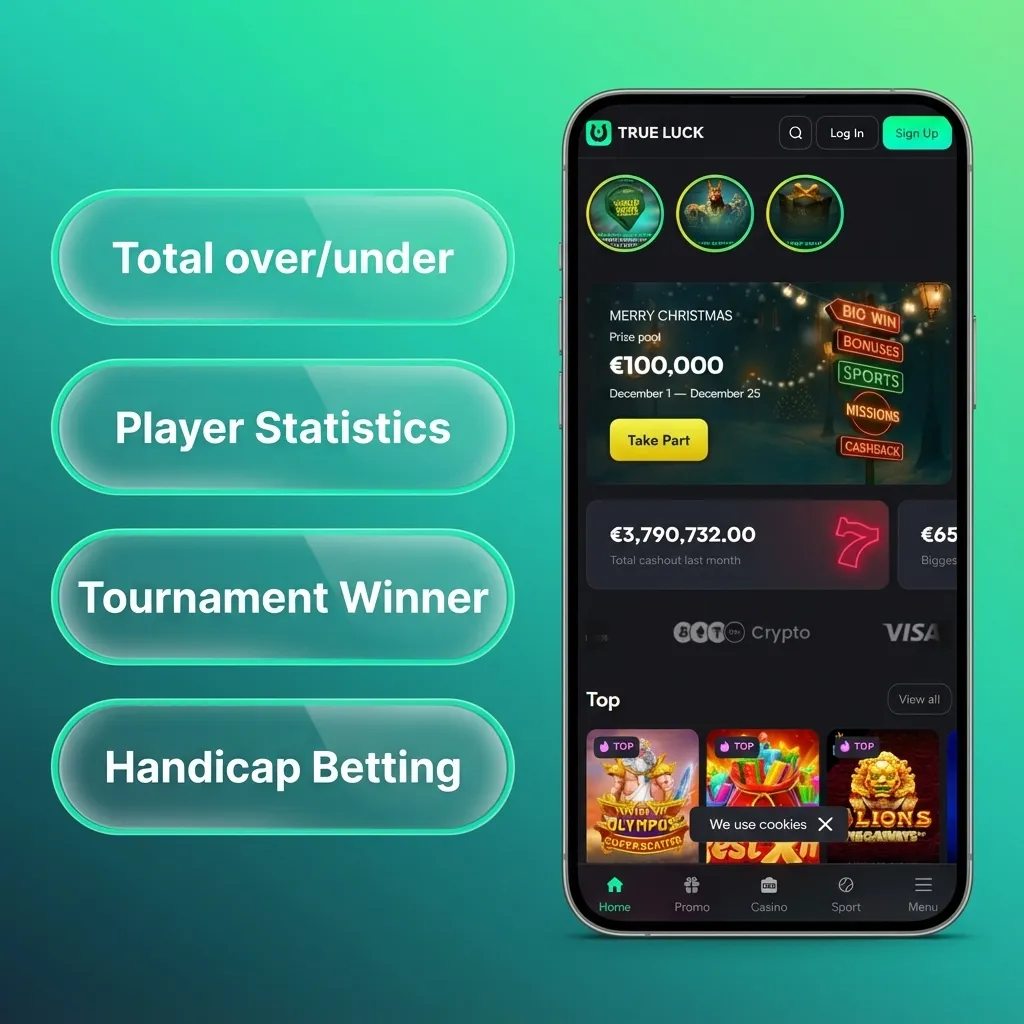Écran d’app TrueLuck affichant différents types de paris : simple, combiné, système, live et long terme