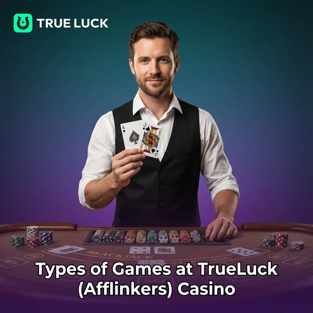 Graphic showing TrueLuck Casino game types: slots, crash, table, jackpots, video poker, and instant‑win titles.