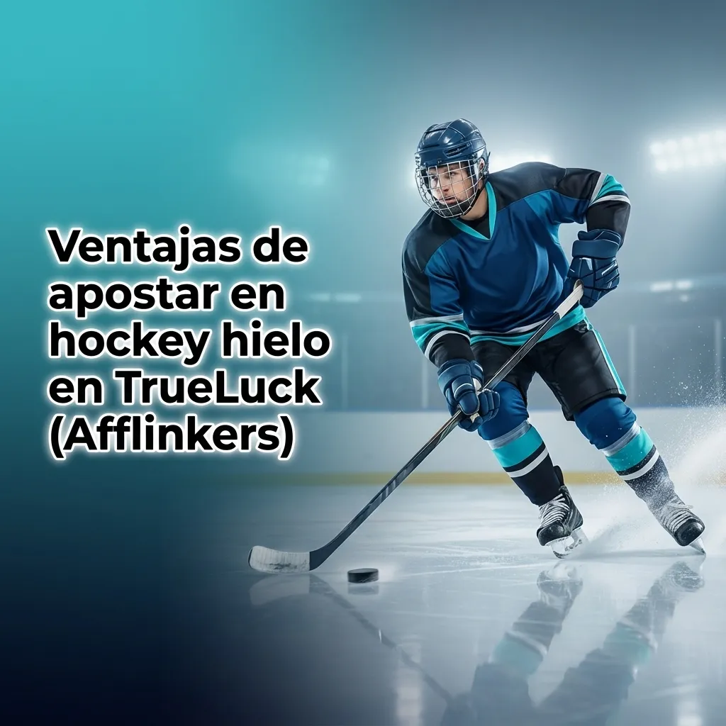 Banner de apuestas de hockey hielo en TrueLuck, con jugador en acción y texto sobre ventajas para usuarios en España