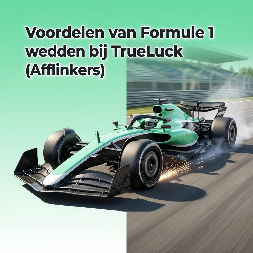 Infographic met voordelen van Formule 1 wedden bij TrueLuck: markten, live quoteringen, in-play, cash-out, data en tools.