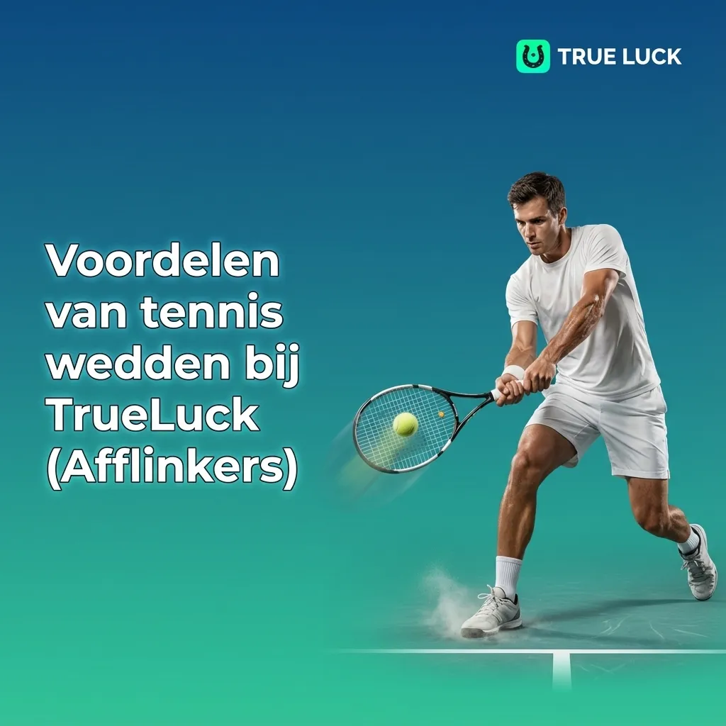 Infographic in Dutch showing voordelen van tennis wedden bij TrueLuck: breed aanbod, live odds, cash-out en filters.