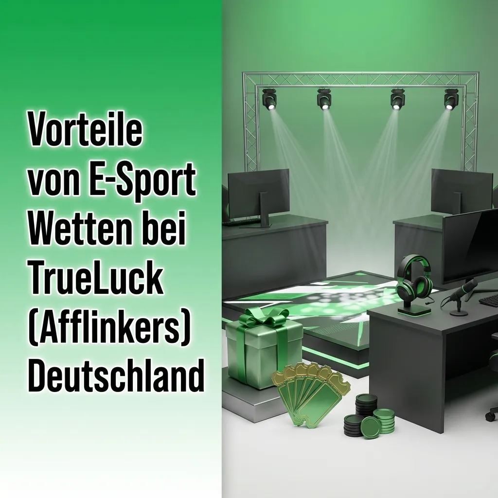 Screenshot der TrueLuck E-Sport Wettplattform mit Vorteilen für deutsche Spieler, Quoten, App, Bonus und Support