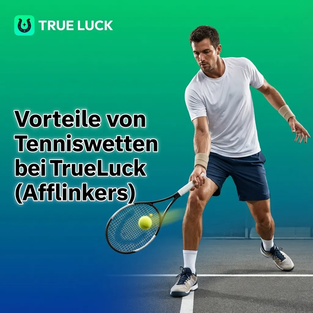 Grafik zu Vorteilen von Tenniswetten bei TrueLuck mit Turnierauswahl, Wettmärkten, Live-Quoten, Statistiken und mobiler App