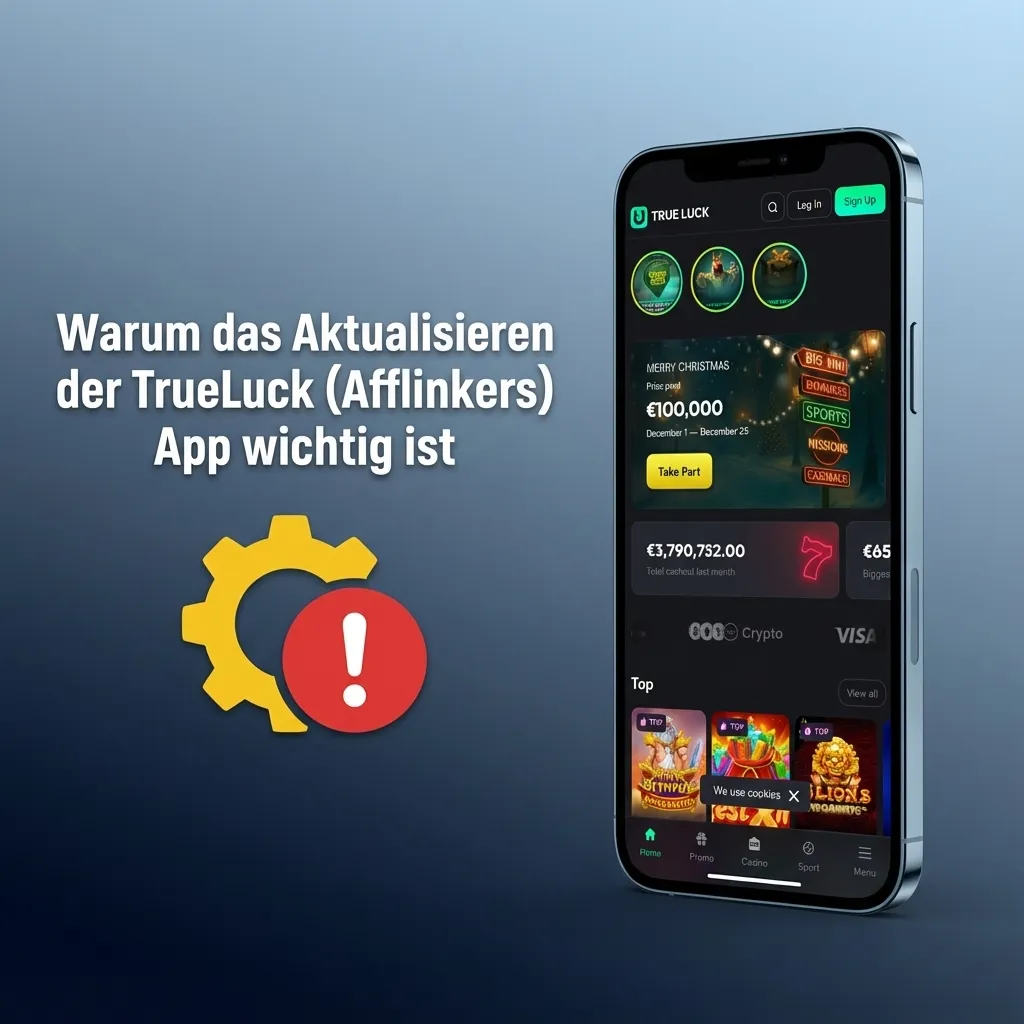 Smartphone mit geöffneter TrueLuck App, Update-Hinweis betont Sicherheit, Stabilität und neue Funktionen