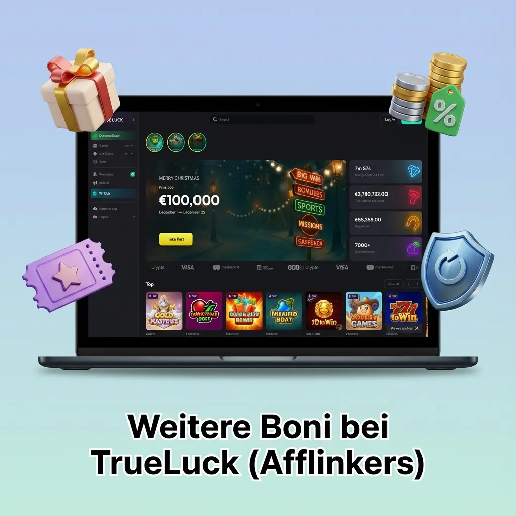 Grafik mit TrueLuck (Afflinkers) Boni: Reload-Bonus, Freispiele, Cashback, Sportwetten-Boosts, Turniere und Ranglisten