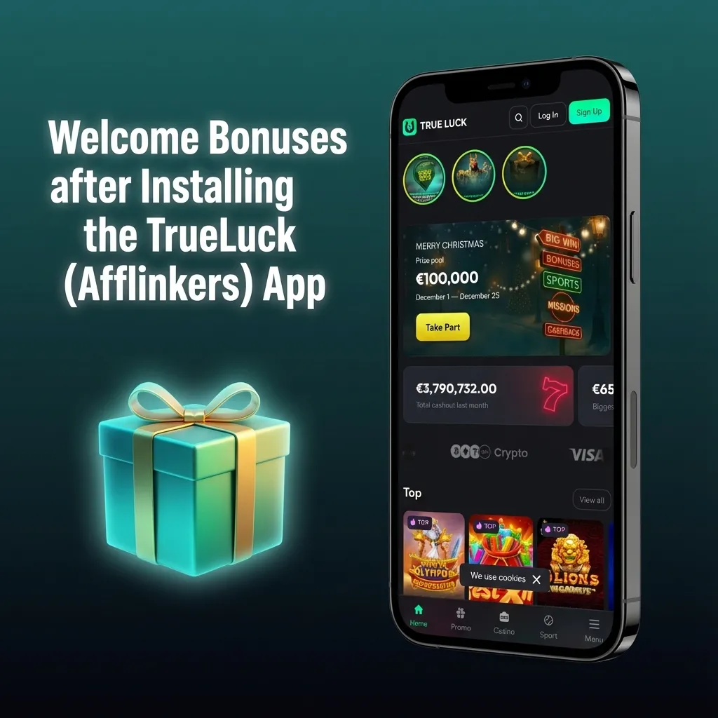 TrueLuck app welcome bonuses for Irish players showing casino, live dealer, and sports offers with deposit matches and free spins