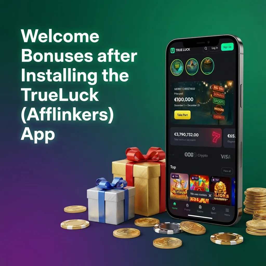 Smartphone showing TrueLuck (Afflinkers) app welcome bonuses for casino slots, live casino, and sports betting.