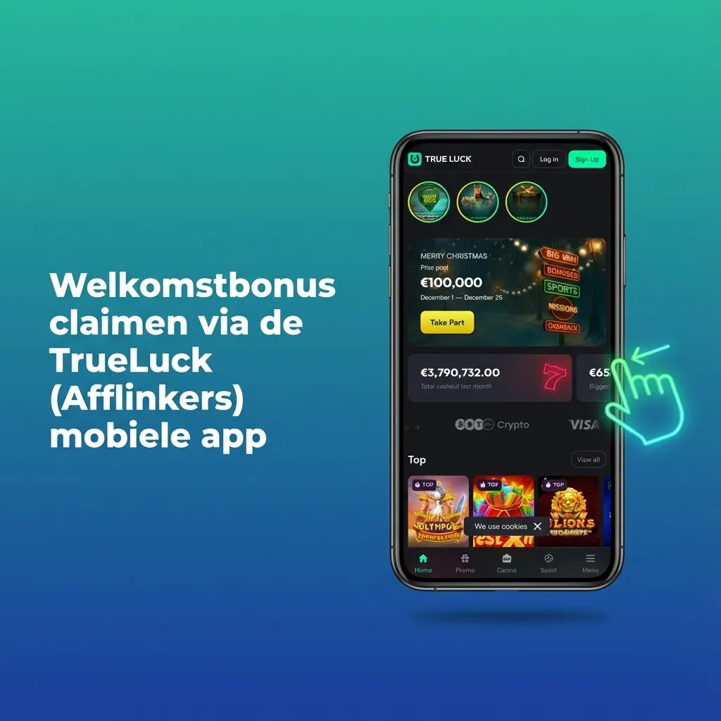 Illustratie van een gebruiker die via de TrueLuck mobiele app een welkomstbonus claimt en storting doet op smartphone.