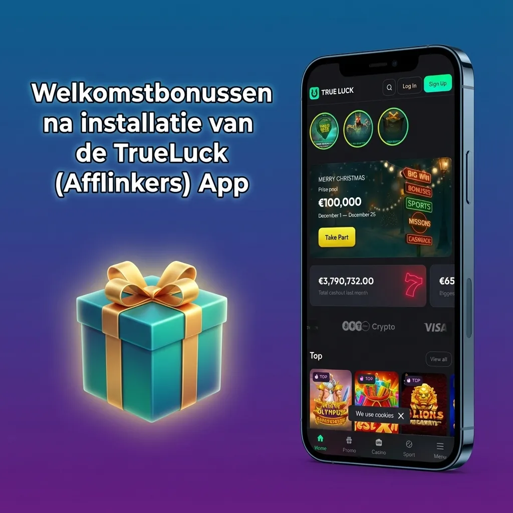 TrueLuck Afflinkers app scherm met welkomstbonussen voor casino, live casino, sport, gratis spins en stortingsbonussen