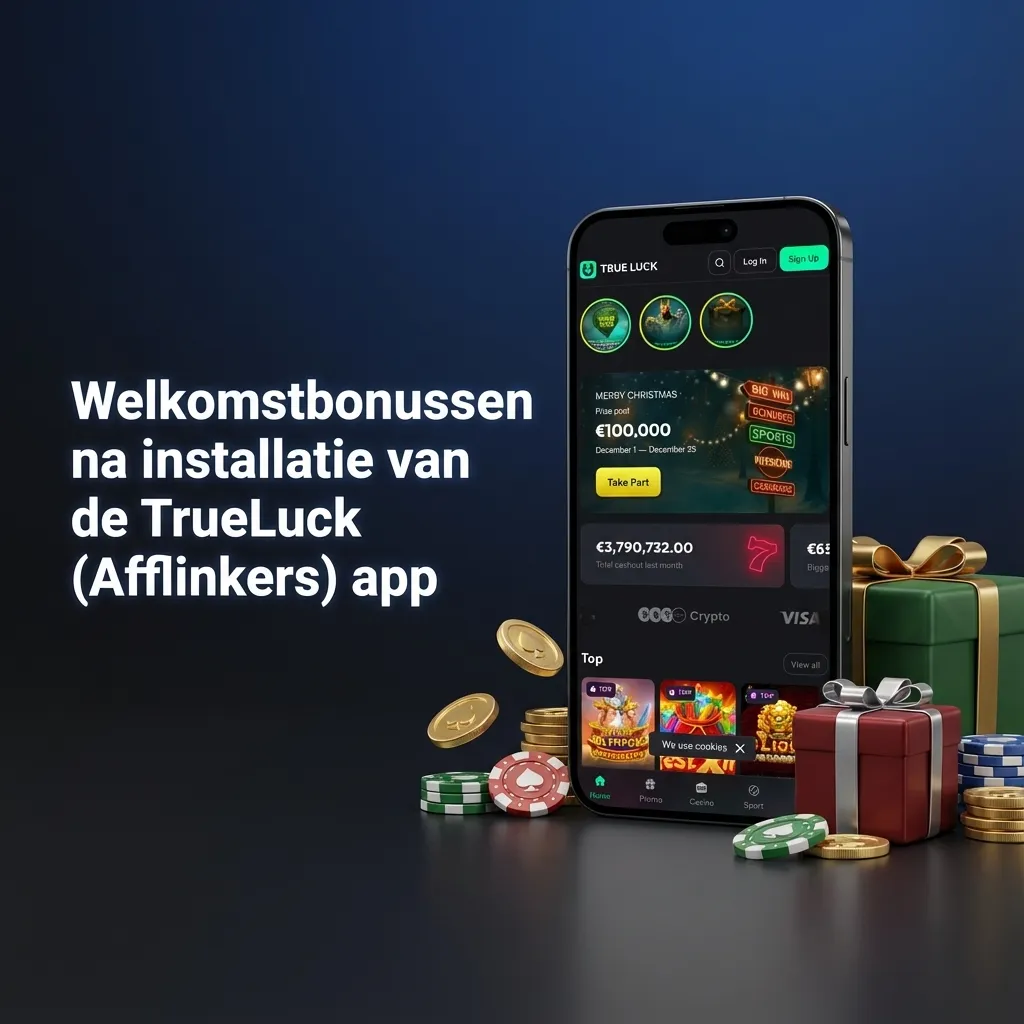 Screenshot van TrueLuck Afflinkers app met overzicht van welkomstbonussen voor casino, live casino, sport en gratis spins