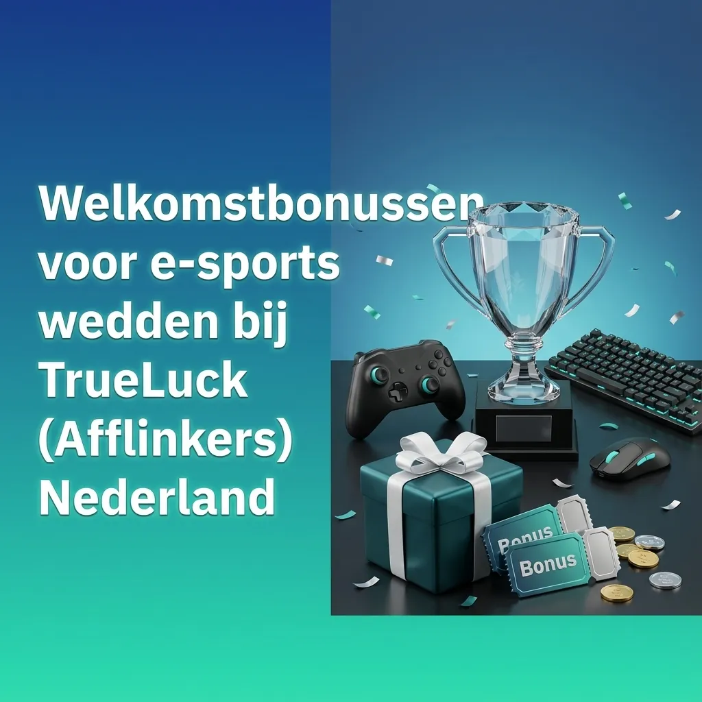 Banner met “Welkomstpakket TrueLuck Nederland” en eurobedragen, plus gamers die e-sports wedstrijden volgen op meerdere schermen